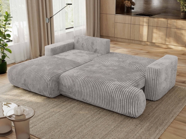 Ecksofa OVO mit schlaffunktion und bettkasten, Wellenfeder, lose Kissen, L-form 271x195 cm - Hellgrau Cord - linke Seite Bild 3