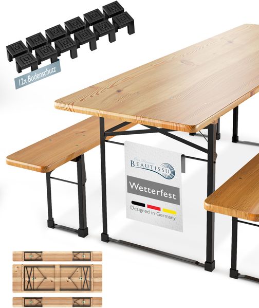 Beautissu 3tlg Bierzeltgarnitur 220x70 cm Holz - 1x Biertischgarnitur & 2x Bierbank Biertisch Bierzeltgarnitur klappbar - FSC® Bierbankgarnitur Biergartengarnitur Festzeltgarnitur Campingtisch Outdoor