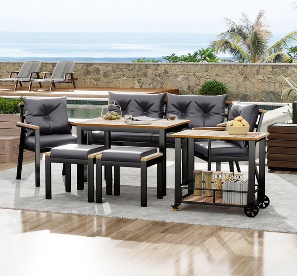 Merax Gartenlounge-Set aus Akazienholz und verzinktem Eisen, (2 Stühle, 2 Hocker, 1 2-Sitzer-Sofa, 1 Tisch,1 Servierwagen, 7-tlg, wetterfest Gartenlounge-Set Gartensitzgruppe), Gartenmöbel-Set Essgruppe mit Sesseln, Hocker, Tisch & Servierwagen