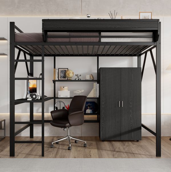 Hochbett 140x200 cm mit Schreibtisch und Kleiderschrank – Metall und MDF in Schwarz