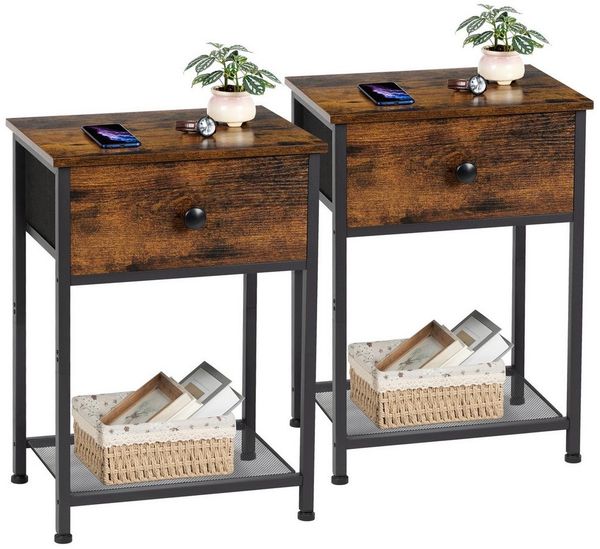 AMHANCIBLE Nachttisch 2er-Set im Industriestil, mit Schublade und offenem Ablagefach (2-St), Beistelltisch mit stabilem Metallrahmen, Maße 40×30×55 cm