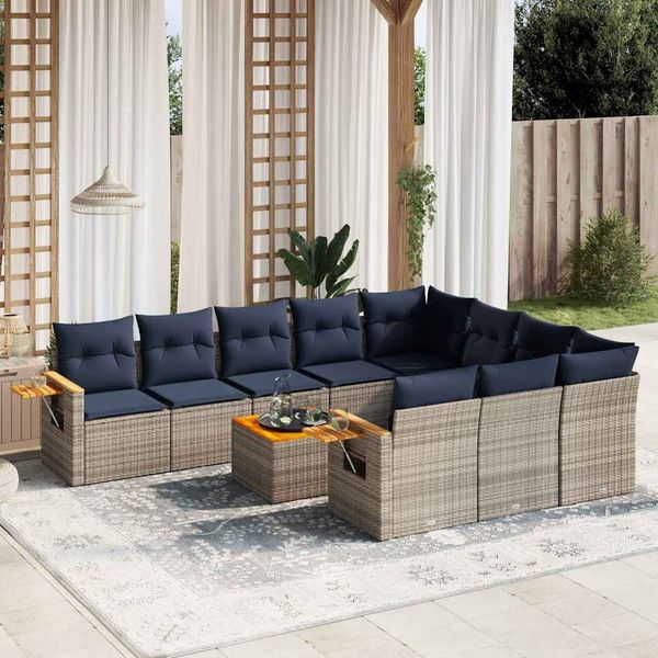 vidaXL 11-tlg. Garten-Sofagarnitur mit Kissen Grau Poly Rattan 3227188