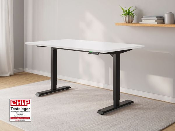 Ergotopia Desktopia Pro X I Elektrisch höhenverstellbarer Schreibtisch I 140x80 cm I Weiß Dekor eckig I Gestell Schwarz I Inkl. Ziele- und