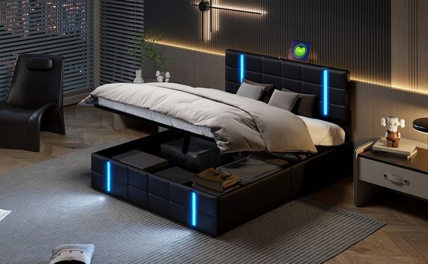 Furnishings Home Polsterbett Stauraumbett Doppelbett Ladefunktion (Set, Hydraulisch anhebbarer Bettstauraum), Mit LED-Beleuchtung, USB & TYPE-C, Kunstleder, 140x200 cm