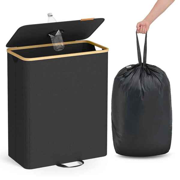 SONGMICS Pfandflaschen-Sammelbehälter, 135 L Pfandflaschen-Behälter, Flaschensammler Leergut, Recycling-Behälter, mit Loch, Deckel, Innensack mit Griffen, Küche, tintenschwarz-naturbeige RRBDE513B01