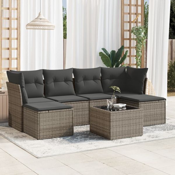 vidaXL 7-tlg. Garten-Sofagarnitur mit Kissen Grau Poly Rattan 3249859