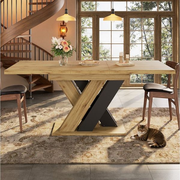 i@home Esstisch Teleskoptisch 119–159×80cm, Holzfarbener Ausziehtisch (mit X-förmigen Beinen und integriertem Stauraum), ideal für Küche, Wohnzimmer & Haustiere