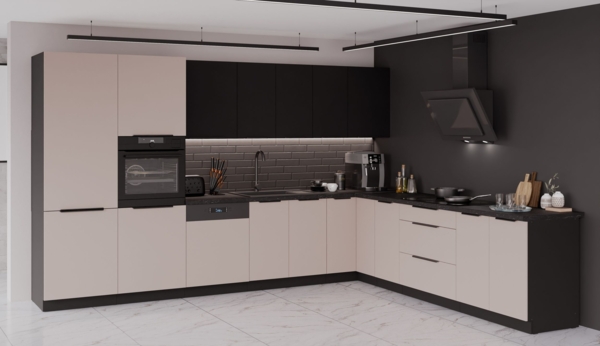 Winkelküche ARONA + SIENA 350x290 Küchenzeile Eckküche Küche Kaschmir + Schwarz Bild 2