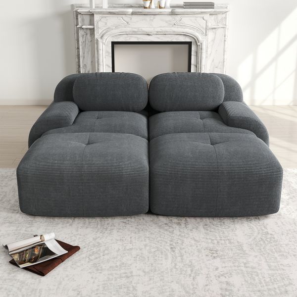 2-Sitzer Sofa 208×178×75 cm aus Cordstoff rahmenlos modular mit 2 Hockern, grau