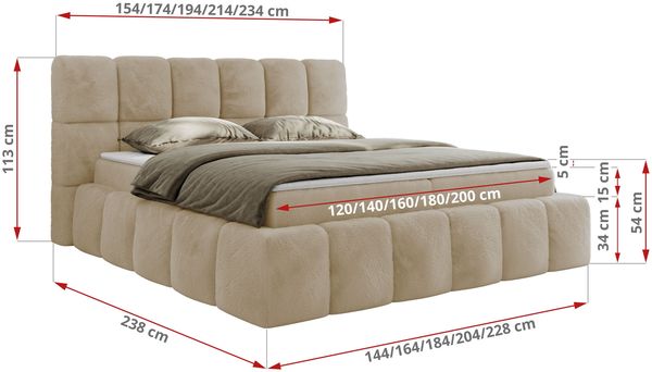 Boxspringbett mit dekorativem Kopfteil, Doppelbett mit zwei 7 Härtezonen Multipocket-Matratzen, Bettkästen, Polsterbett - NIRA - 200 x 200 cm - Creme Plüsch - H3 Bild 6