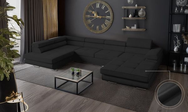 Goldstoff Wohnlandschaft mit Schlaffunktion, Couch für Wohnzimmer - Schlafsofa - Eckcouch, VENUS - Sofa U Form, Ecksofa mit Schlaffunktion und Bettkasten in schwarz