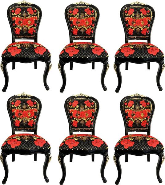 Pompöös by Casa Padrino Luxus Barock Esszimmerstühle Roses Schwarz / Rot / Gold - Esszimmer Set - 6 Pompööse Barock Stühle designed by Harald Glööckler