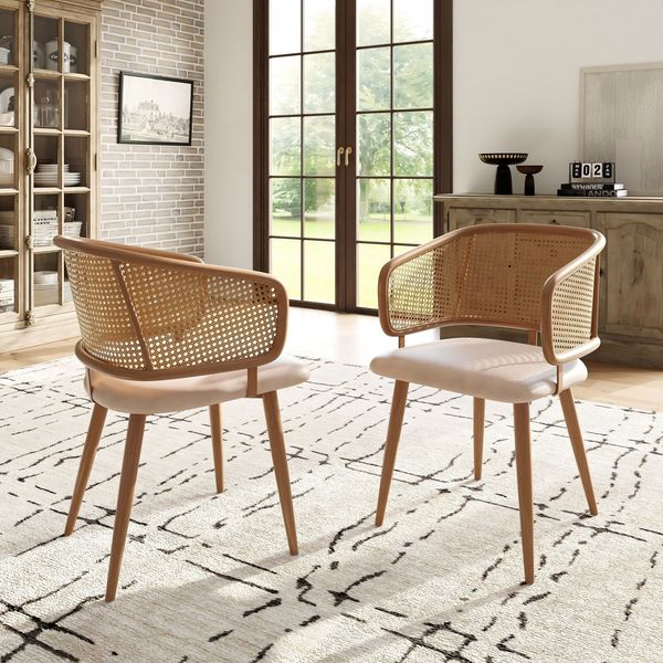 Esszimmerstuhl 2er-Set mit Rattan-Rückenlehne & PU-Ledersitz, 47x51x79 cm, Beige/Braun