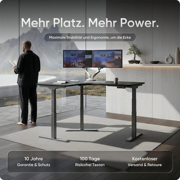 DESQUP Corner Elektrisch höhenverstellbarer Eckschreibtisch | Ergonomischer winkelverstellbarer Steh-Sitz Tisch mit Memoryfunktion | Winkelschreibtisch der Rücken- & Nackenschmerzen vorbeugt (Grau)