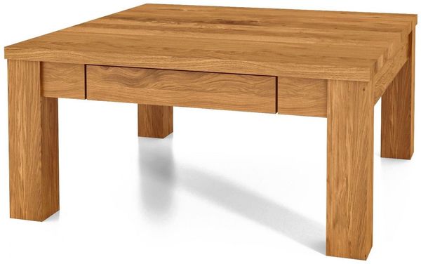 Couchtisch Bento aus Wildeiche massiv 90x90x43 cm mit Schublade und Holzbeinen