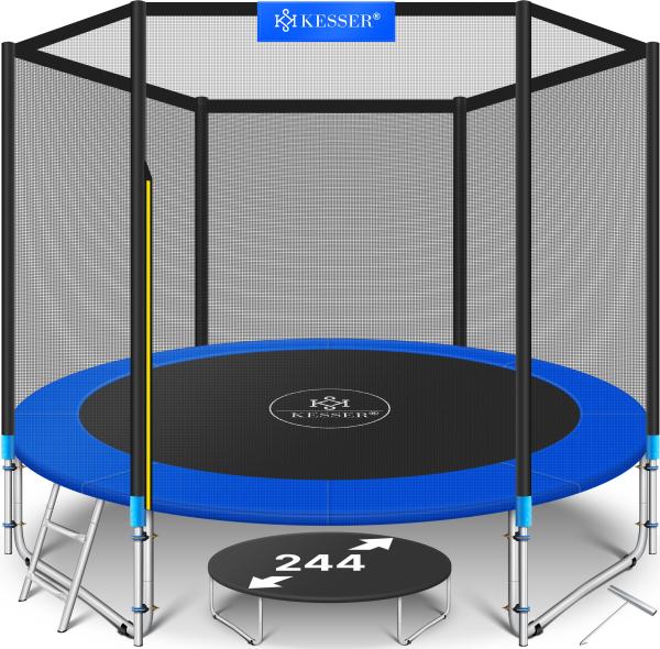 KESSER® - Trampolin | TÜV SÜD GS Zertifiziert | Komplettset mit Sicherheitsnetz, Leiter, Randabdeckung & Zubehör | Kindertrampolin Gartentrampolin Belastbarkeit 150 kg Blau, 244 cm