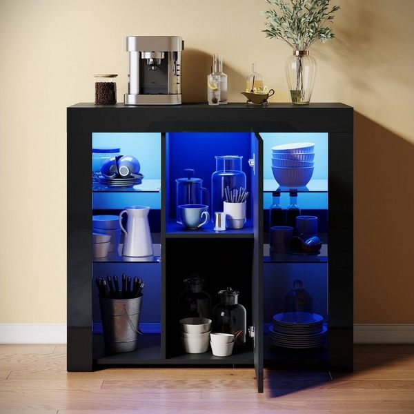 SONNI Sideboard mit LED Beleuchtung 90 x 35 x 83 cm Weiß/Schwarz Hochglanz, mit Schranktür und 4 glas Einlegeböden