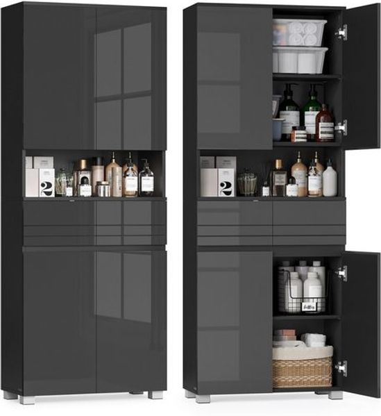 VASAGLE Hochschrank mit Schublade, verstellbaren Ablagen, Badschrank für Badezimmer, offenes Fach, 170 cm, schwarz