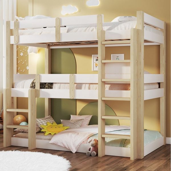 Flieks Etagenbett, Dreierbett Kinderbett 90x190cm mit zwei Leiter und drei Liegeflächen