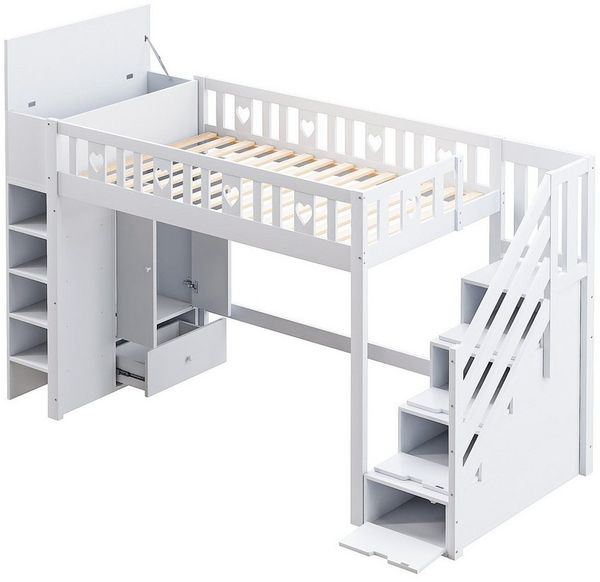 REDOM Hochbett Funktionsbett,Einzelbett,Jugendbett,Kinderbett (Hochbett mit Stauraumleiter und Liebesgeländer – 90x200 cm, Weiß, inkl. Regale & Klappenschrank, für Kinderzimmer, modernes Design, stabile Kiefernholz- und MDF-Konstruktion) ohne Matratze