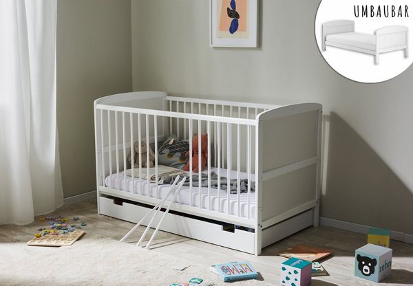 Kids Collective Babybett Kinderbett 70x140 cm umbaubares Gitterbett höhenverstellbar, herausnehmbare Sprossen, weiss Kiefer, mit Schublade und Matratze