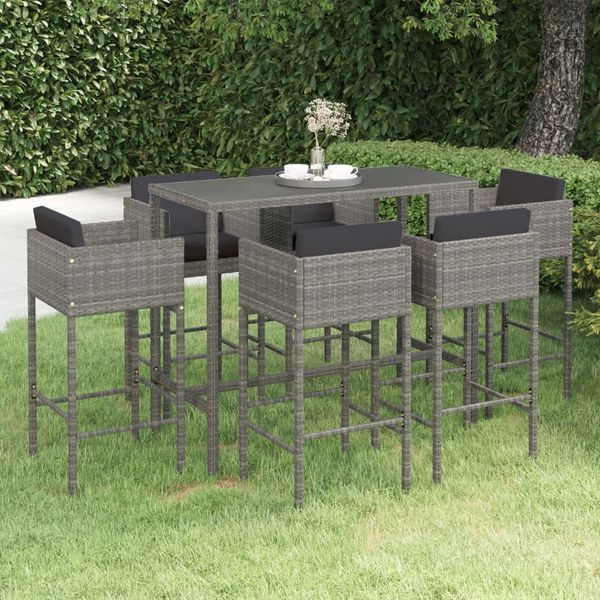 vidaXL 7-tlg. Gartenbar-Set mit Kissen Poly Rattan Grau 3094797