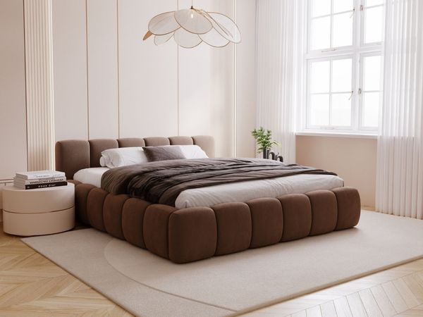 GRAINGOLD Cloud Low Bett 180x200, Polsterbett mit Bettkasten und Lattenrost, Velour-Stoff, Braun