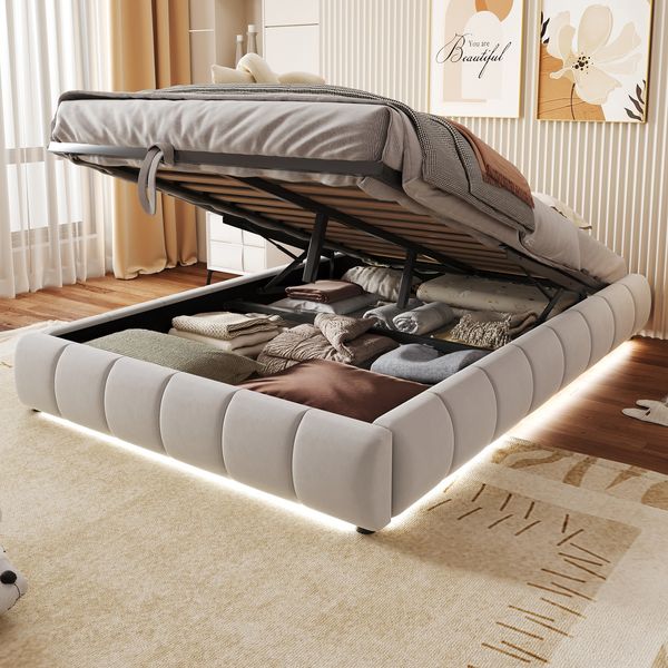 Polsterbett 140 x 200 cm, Ohne Kopfteil, mit LED-Lichtleiste (einfarbig), Hydraulischer Schwebebettrahmen mit Stauraum,Einzelbett, Jugendbett, Beige