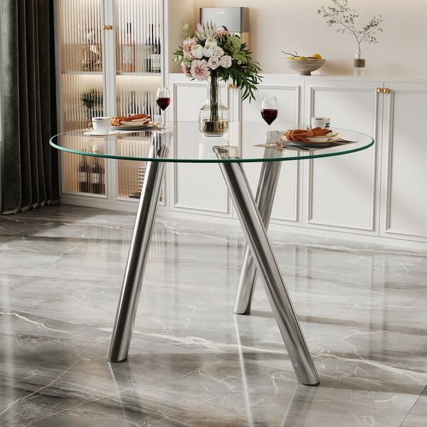 ANYSUN Esstisch Runder Esstisch 89 x 89 x 76 cm, mit gehärteter Glasplatte (moderner Glastisch Esstisch Küchentisch galvanisierte Metallbeine), Stabiler Küchentisch für 2–4 Personen, Kaffee und Freizeittisch