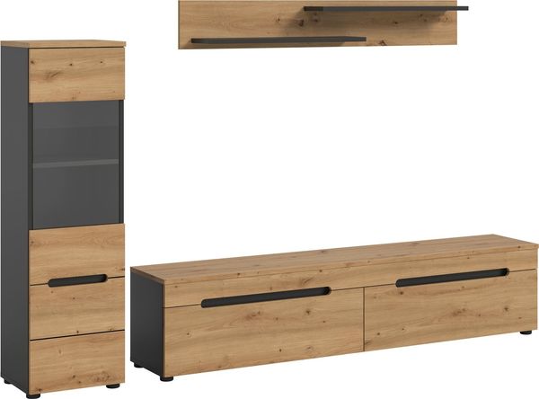 Home affaire Wohnwand REHAT, TOPSELLER!, 3-teilig, wahlweise stehend und hängend montierbar, (2-St, Set bestehend aus: Vitrine, Lowboard und Wandboard), Kombination, Anbauwand, Set, Wohn-Set, Wohnzimmer-Set, Schrankwand