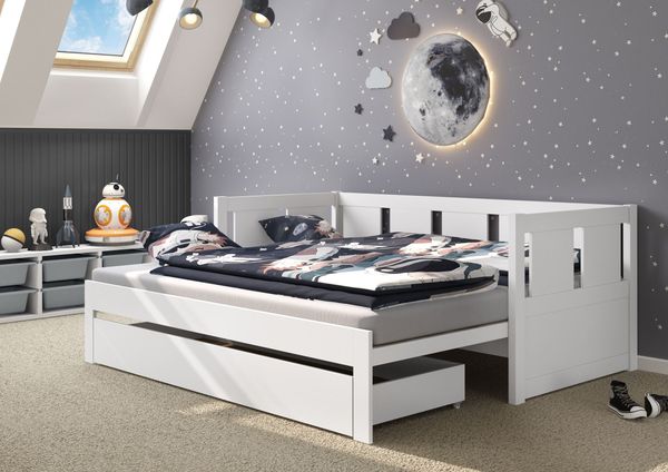 Ausziehbett 2-in-1-Bett, Einzel- und Doppelbett in einem, Kiefer weiß, V-60.78W-09, Rollrost inkl.