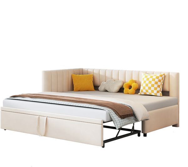 Multifunktionales L-förmiges Schlafsofa mit Ausziehbett 90/180*200cm, Polsterbett in Samtstoff, platzsparendes Design für Kinderbett, Gästebett Beige Bild 5