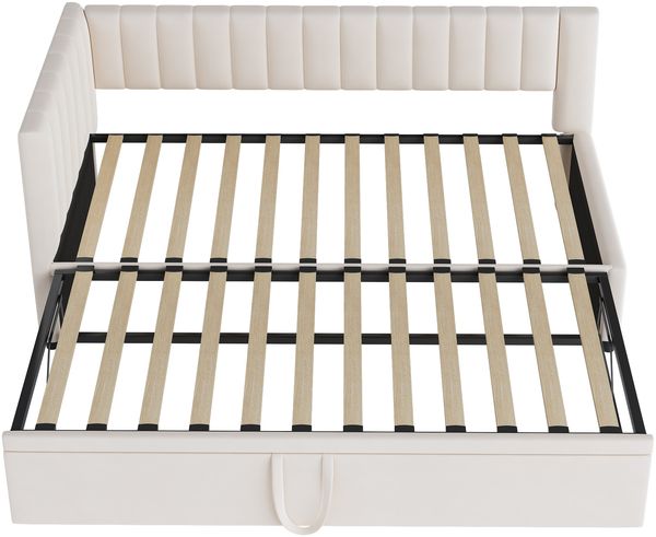 Multifunktionales L-förmiges Schlafsofa mit Ausziehbett 90/180*200cm, Polsterbett in Samtstoff, platzsparendes Design für Kinderbett, Gästebett Beige Bild 6