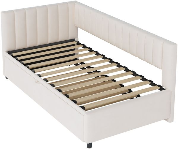 Multifunktionales L-förmiges Schlafsofa mit Ausziehbett 90/180*200cm, Polsterbett in Samtstoff, platzsparendes Design für Kinderbett, Gästebett Beige Bild 8