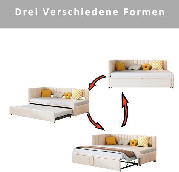 Multifunktionales L-förmiges Schlafsofa mit Ausziehbett 90/180*200cm, Polsterbett in Samtstoff, platzsparendes Design für Kinderbett, Gästebett Beige Bild 4