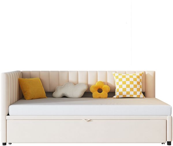 Multifunktionales L-förmiges Schlafsofa mit Ausziehbett 90/180*200cm, Polsterbett in Samtstoff, platzsparendes Design für Kinderbett, Gästebett Beige Bild 9