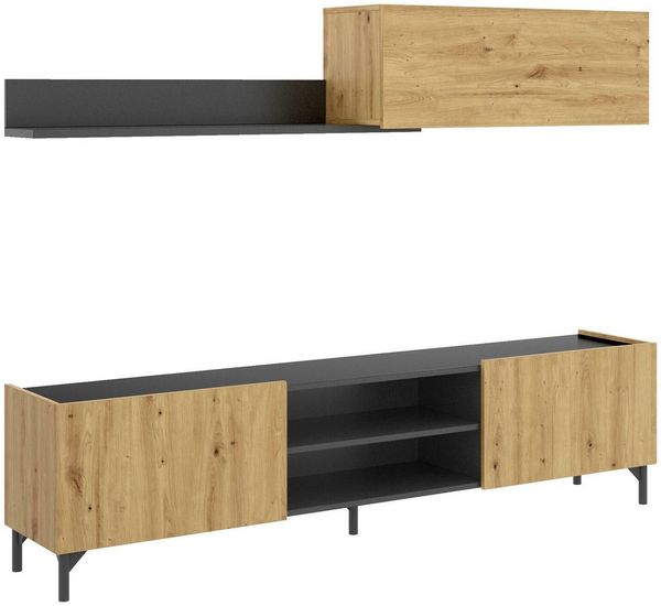Dmora Ama Wandsystem, TV-Ständer-Wohnzimmerset, Mehrzweck-Wohnzimmermöbel, 182 x 35 x 180 cm, geknotete Eiche und Anthrazit