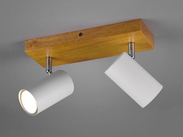 LED Deckenstrahler Weiß mit Holz 2-flammig, Breite 26cm