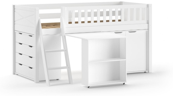 Kinderbett Karyl 208x114x135 Massivholz Weiß Schrank Kommode