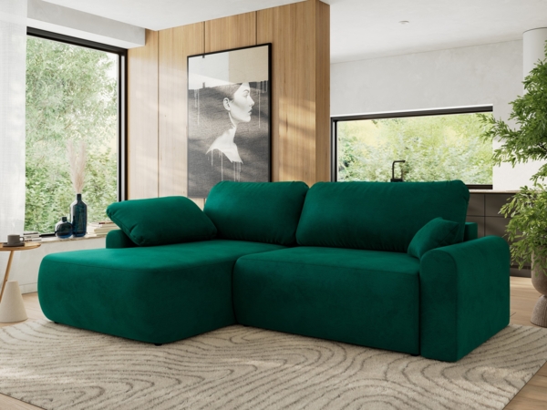 Ecksofa, L-förmiges, lose Kissen, DL-Schlaffunktion, (H 100 x T 187 x B 273 cm) - CUBO L - Velours Dunkelgrün - linke Seite