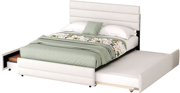 Polsterbett 140x200 cm mit ausziehbarem Trundle, 2 Schubladen, Leinenbezug, höhenverstellbares Kopfteil, Beige Bild 6
