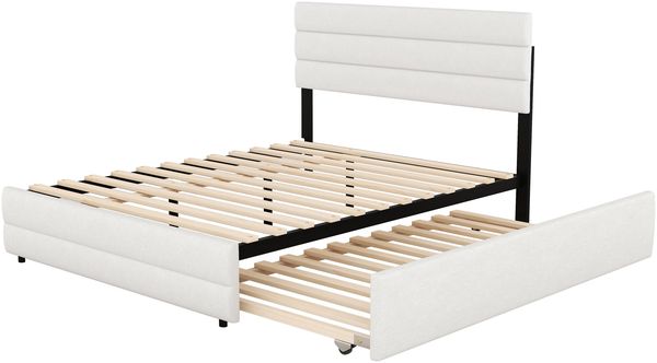 Polsterbett 140x200 cm mit ausziehbarem Trundle, 2 Schubladen, Leinenbezug, höhenverstellbares Kopfteil, Beige Bild 9