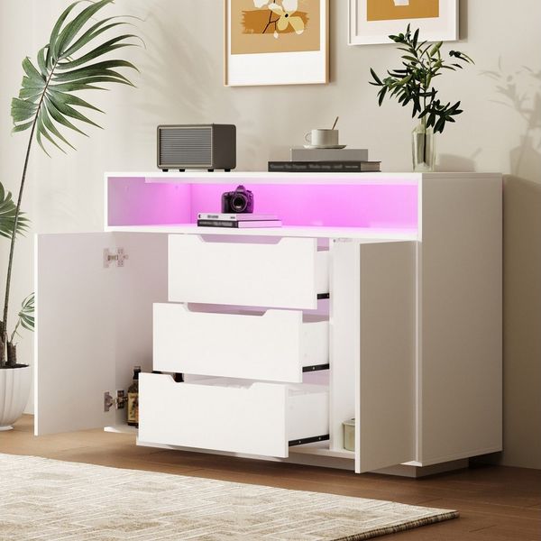 REDOM Sideboard mit offenem Regal, Drei Schubladen, beidseitige Türen (Schubladenschrank Anrichte Kommode), abgerundete Kanten und Metallschienen