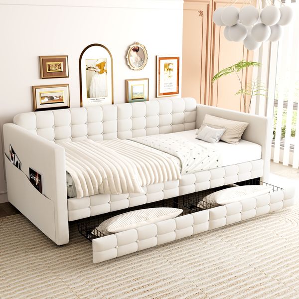 Merax Polsterbett, Schlafsofa 90x190 cm, Kinderbett, klassisches Vollflächiges Karomuster, Staufächer an den Bettseiten, Zwei Schubladen unter dem Bett, Gäste oder als Einzelbett, Samt, Beige