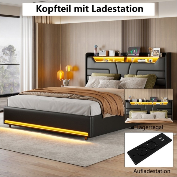 PXloue Polsterbett Doppelbett (Kopfteil mit 2 Steckdosen + USB), LED-Beleuchtung, Bettkasten, Kunstleder, 160x200 cm Bild 3