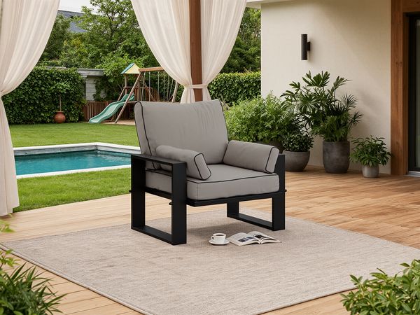 Gartensessel mit Armlehnen, Sessel auf schwarzen Metallbeinen, Rückenkissen - ELBA S1 - grau