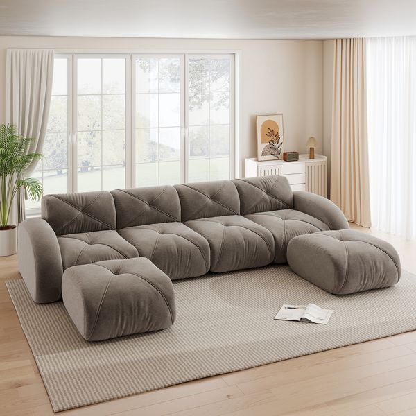 Sofa Modulsofa in Taupe, rahmenlos, Chenille-Bezug, 4-Sitzer mit 2 Hockern, flexibles Wohnkonzept,76x358x171 cm