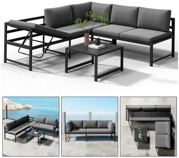 Melko Gartenlounge-Set Ecklounge mit Liegefunktion Aluminium Sitzgruppe wetterfest Grau, (Set, 3-tlg, 2 Sofa, 1 Tisch, 11 Auflagen), Liegefunktion durch verstellbare Rückenlehne