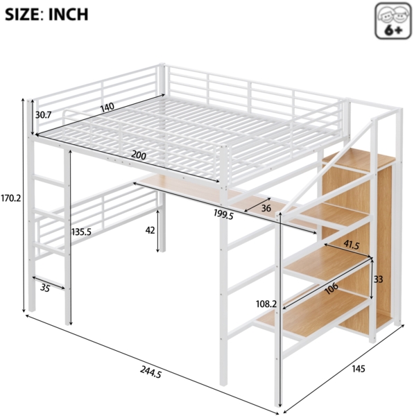 Merax Hochbett, 140*200cm, Ohne Matratze, Schreibtisch, offener Kleiderschrank, Stufentreppe zur Aufbewahrung, Eisenrahmen, Weiß Bild 4