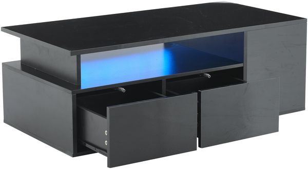 Schwarzer Hochglanz Couchtisch 100×50 cm mit LED, 2 Schubladen, 3 Ebenen, seitlichen Fächern, moderner Wohnzimmertisch mit Stauraum Bild 8
